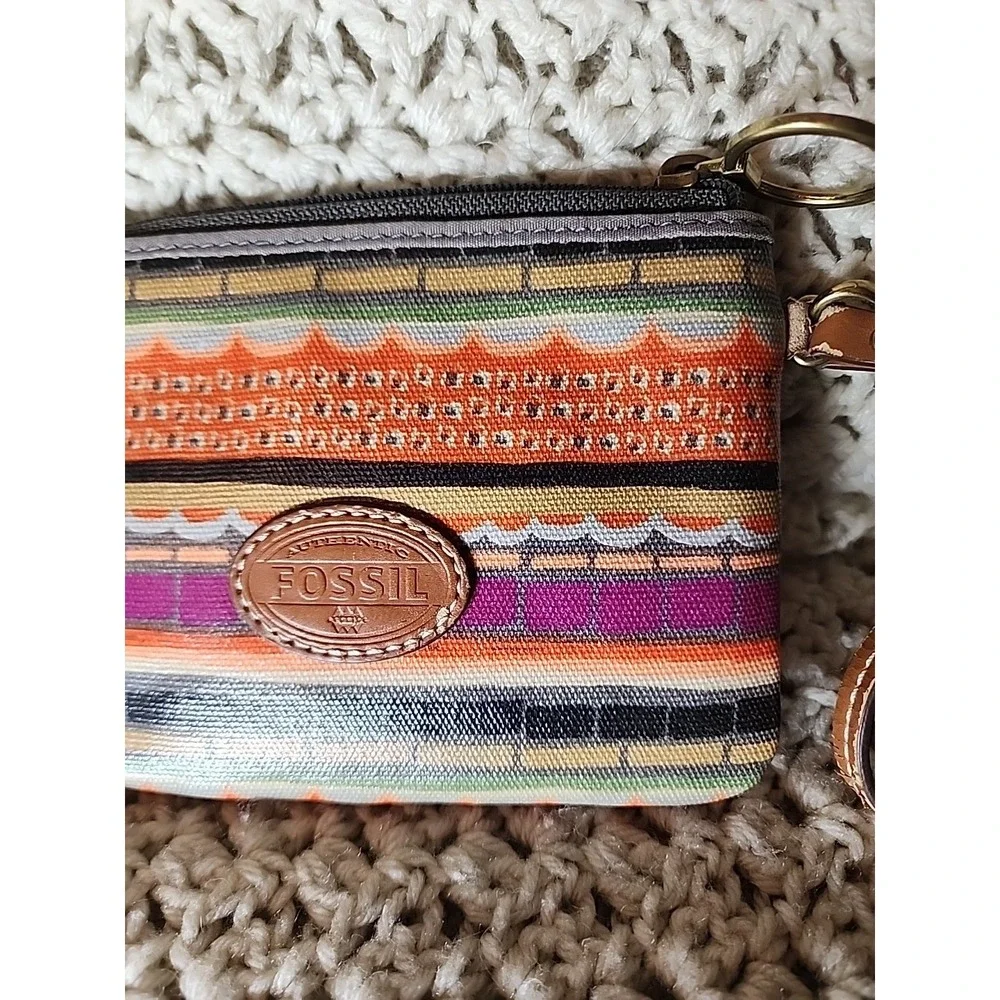 Fossil Keyper Wristlet Striped Multicolor Zip Pouch Wallet